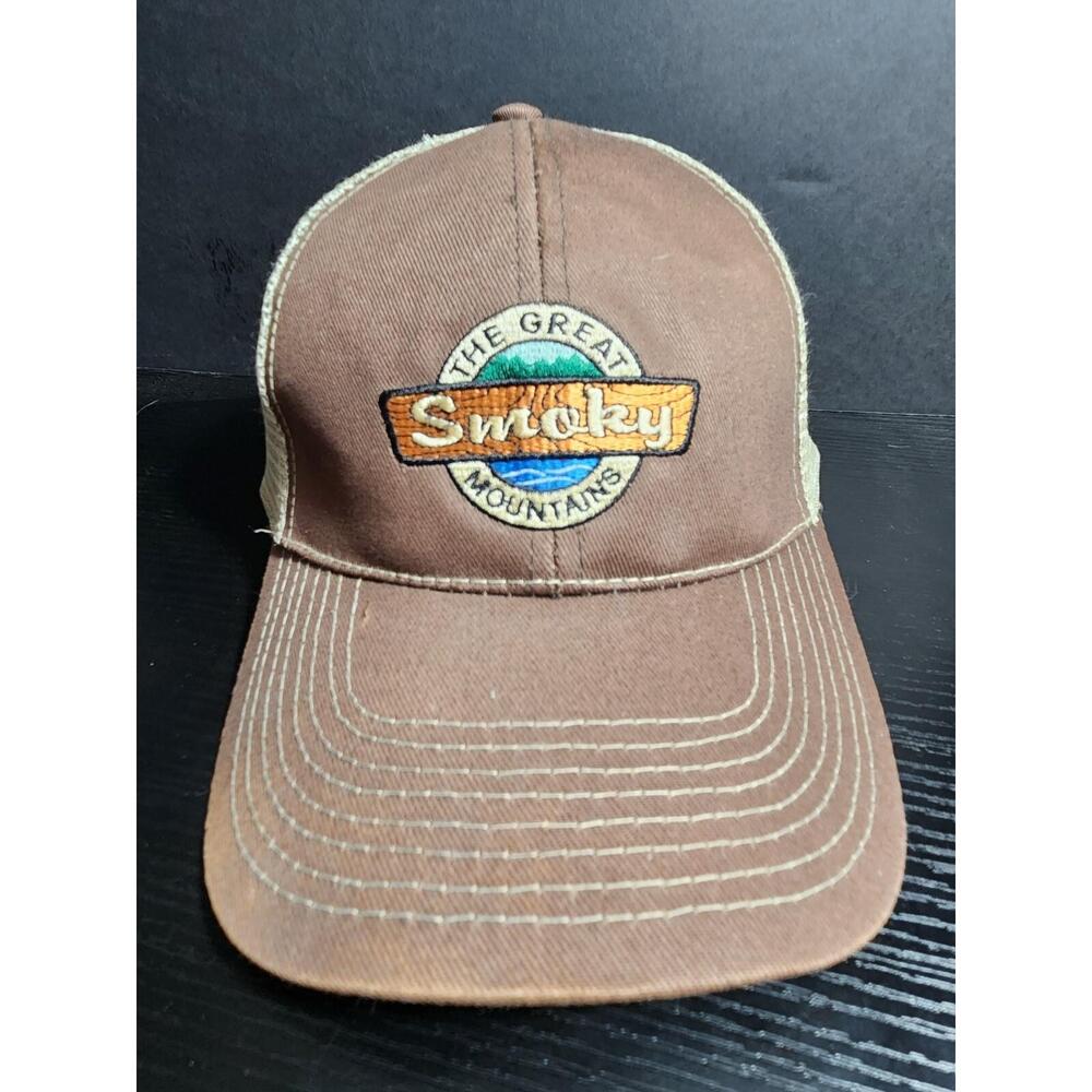 Great Smoky Mountains trucker hat cap Brown Tan Mesh strapback‎
